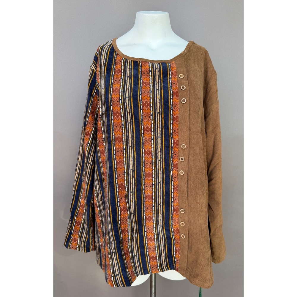Gracila Tunic Top 3XL Brown Corduroy Mixed Media Geometric Stripe Boho New